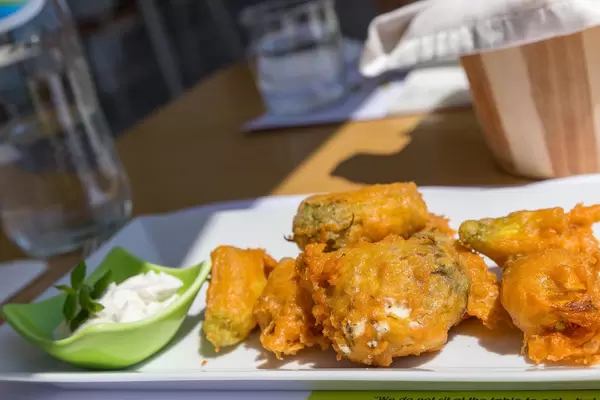 Deep-fried broccoli with dip at Aelia Restaurant Kassandra
