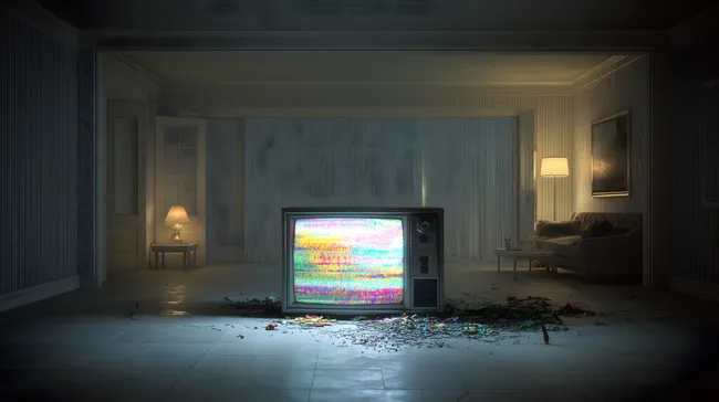 Defekter Retro-Fernseher in verlassenem Wohnzimmer