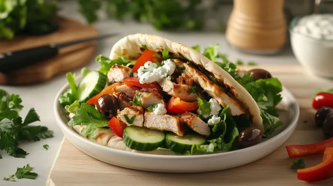 Deftig gefülltes Pita mit gegrilltem Hühnchen und Salat