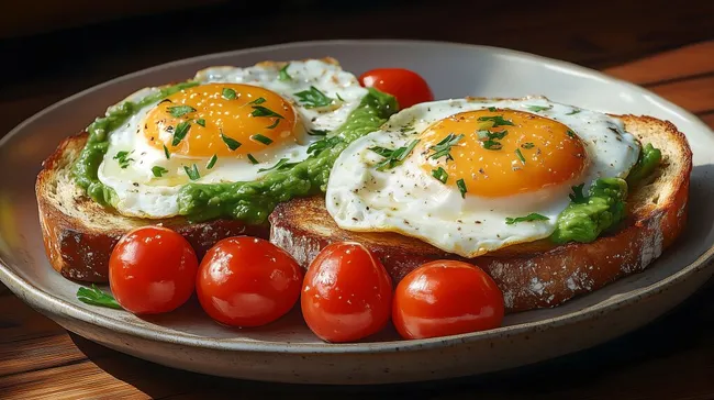 Deftig-gesundes Frühstück mit Spiegeleiern und Tomaten