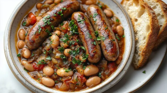 Deftig-herzhaftes Wurstgulasch mit weißen Bohnen