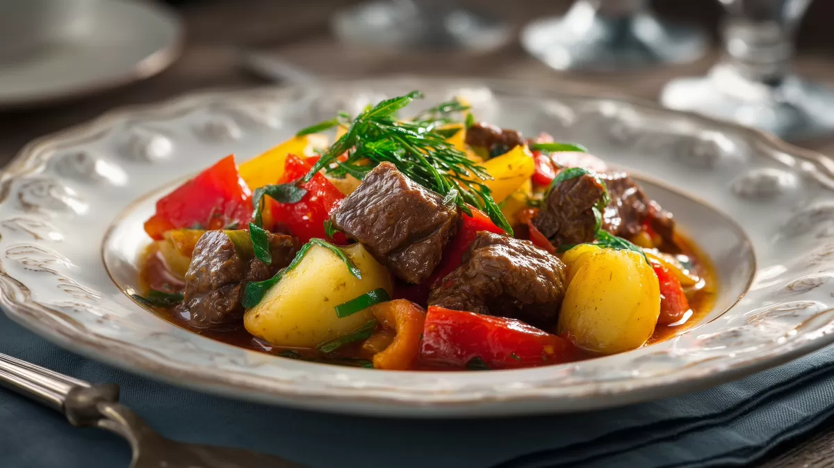 Deftige bayerische Gulaschsuppe mit Paprika und Kartoffeln