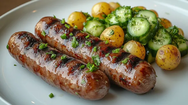 Deftige Bratwurst mit Kartoffeln und Gurkensalat