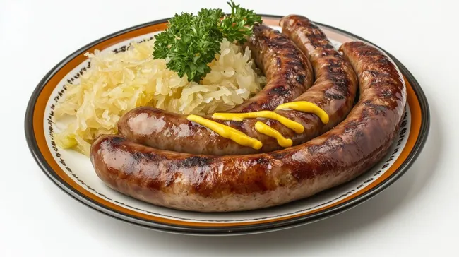 Deftige Bratwurst mit Sauerkraut und Senf