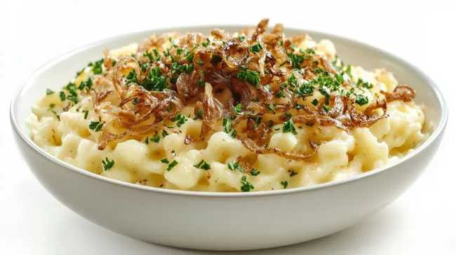 Deftige deutsche Käsespätzle mit karamellisierten Zwiebeln