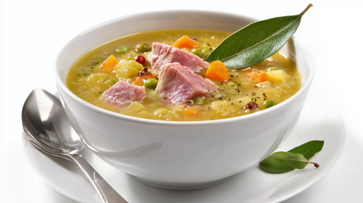 Deftige Erbsensuppe mit Kochschinken im Suppenteller