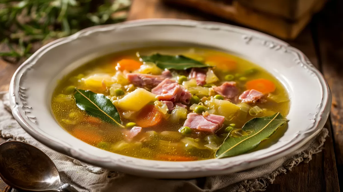 Deftige Erbsensuppe mit Kochschinken in weißem Teller