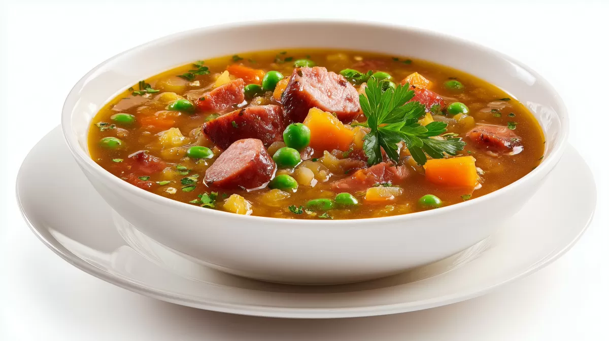 Deftige Erbsensuppe mit Würstchen und Gemüse