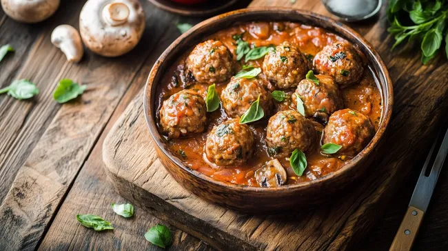 Deftige Fleischbällchen in würziger Tomaten-Pilz-Sauce