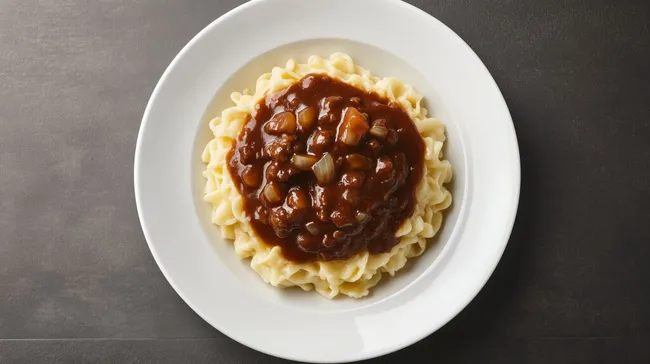 Deftige Fleischsoße auf Nudeln in weißer Schale