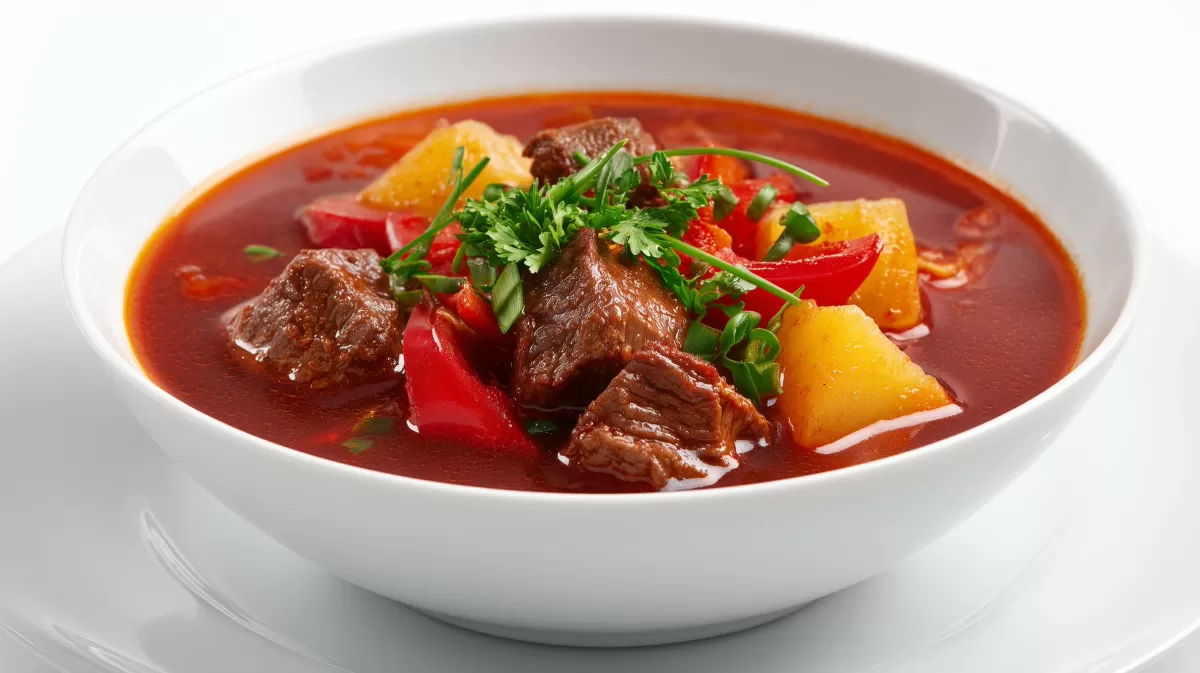 Deftige Gulaschsuppe mit Rindfleisch und Paprika