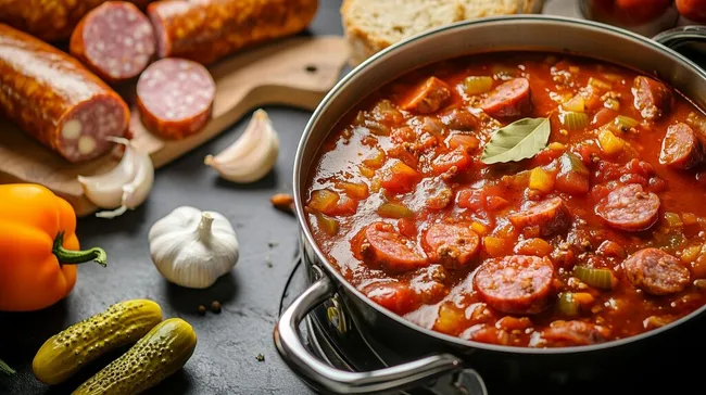 Deftige Gulaschsuppe mit Würstchen und Gemüse