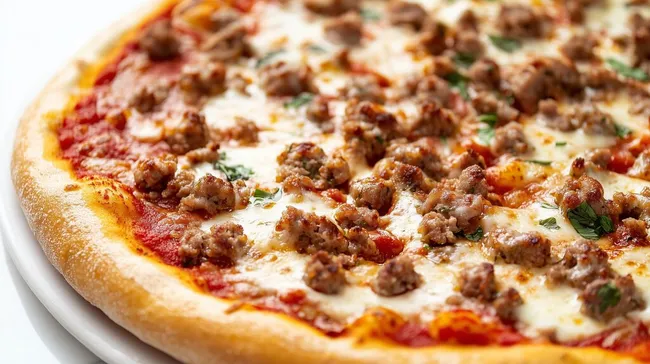 Deftige Italienische Pizza mit Bratwurst und Tomatensauce