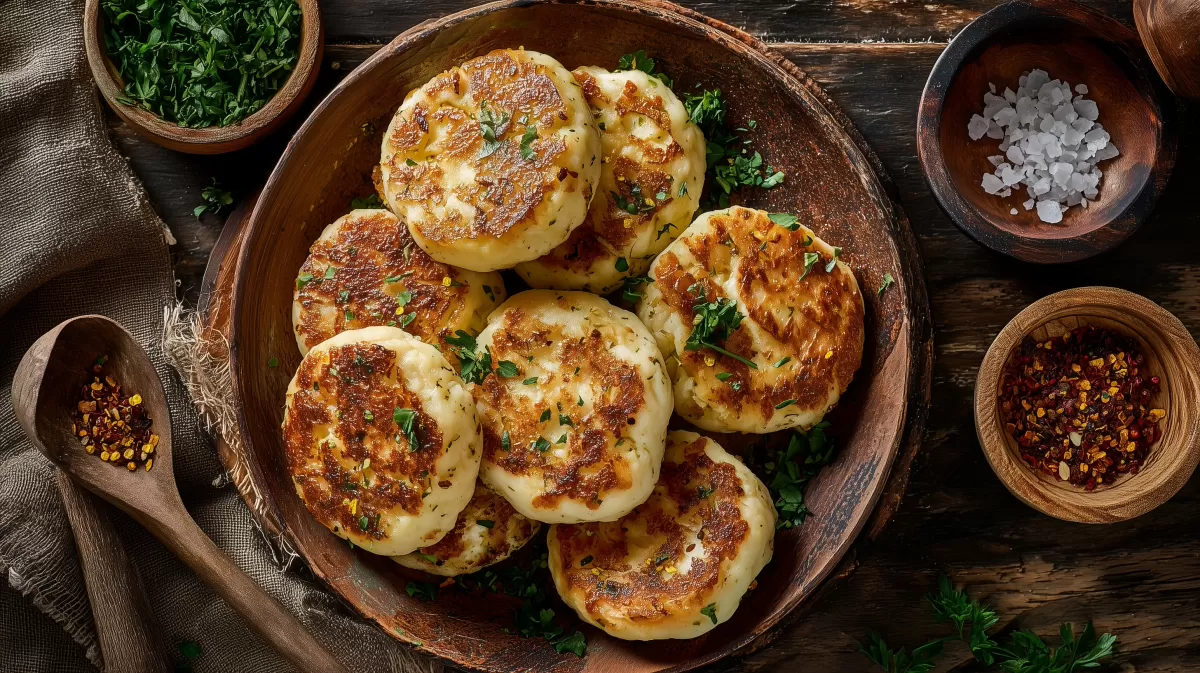 Deftige Kartoffelküchlein auf rustikalem Holzhintergrund