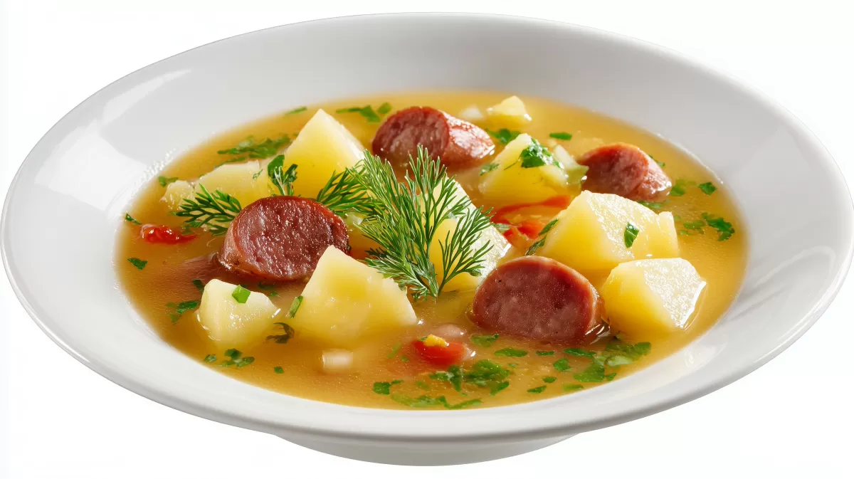 Deftige Kartoffelsuppe mit Wiener Würstchen im Teller