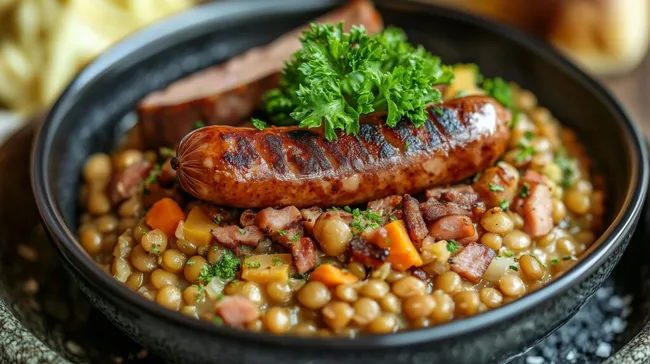 Deftige Linsen mit gegrillten Würstchen in rustikaler Schüssel