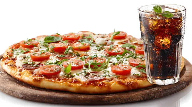 Deftige Pizza mit Tomaten und Basilikum auf rustikalem Holzbrett