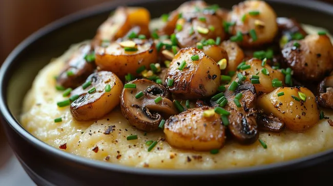 Deftige Polenta mit gebratenen Pilzen und Schnittlauch