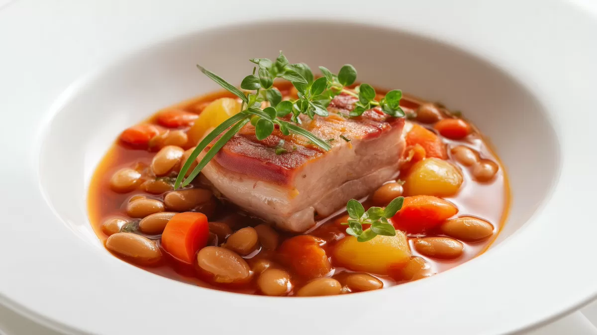 Deftiger Bohneneintopf mit Kasseler im Teller