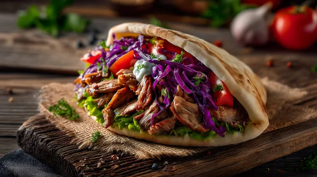 Deftiger Dönerteller mit würzigem Fleisch und frischem Gemüse