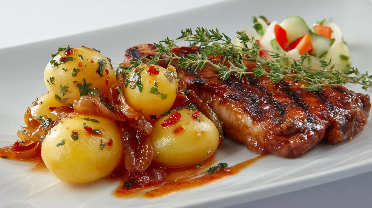 Deftiges BBQ Kotelett und glasierte Zwiebeln mit Kartoffeln
