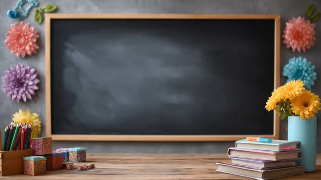 Dekoration für Schulräume mit bunten Blumen und Schulmaterial