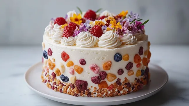 Dekorativ gestaltete Vanillecreme-Torte mit bunten Früchten und Blüten
