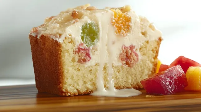 Dekorativ präsentierter Kuchen mit buntem Früchtetopping