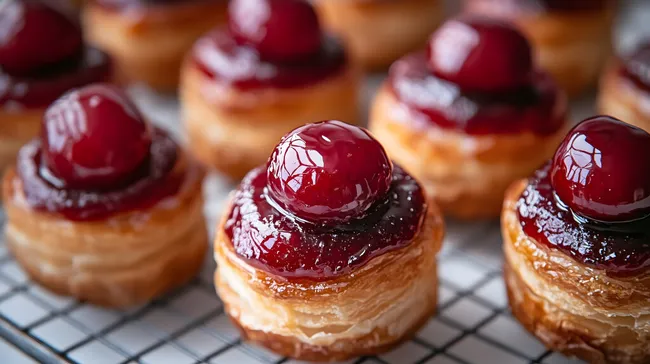 Dekorative Blätterteilchen mit Kirschen und Glanz-Früchtebelag