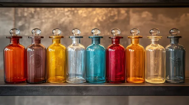 Dekorative Glasflaschen in bunten Farben auf Metallregal