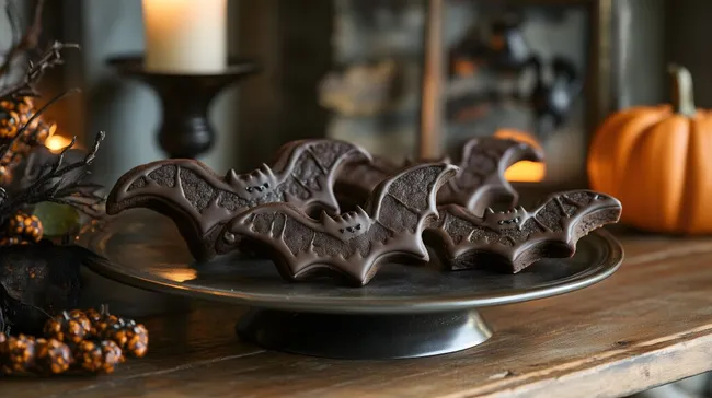 Dekorative Halloween-Fledermaus-Kekse auf rustikalem Holztisch