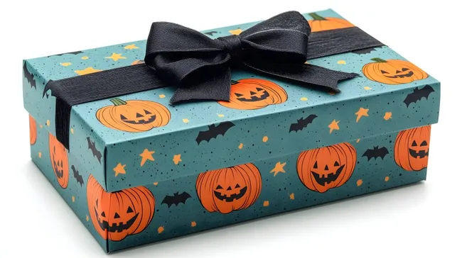 Dekorative Halloweenkiste mit Kürbissen und Fledermäusen