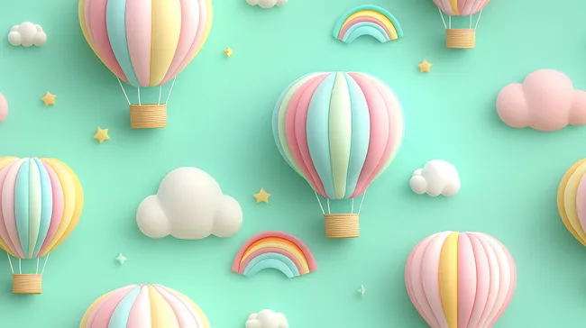 Dekorative Heißluftballons und Regenbogen in Pastelltönen