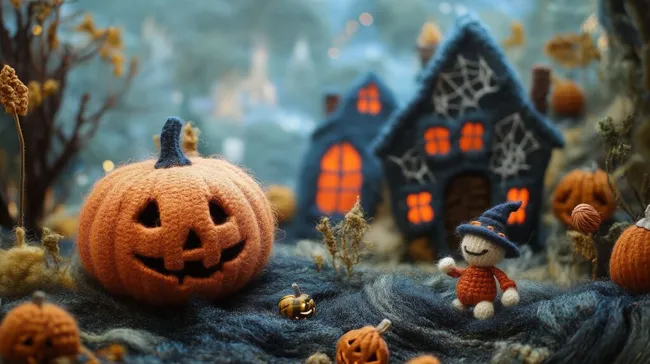 Dekorative Herbst-Stimmung mit Halloween-Kürbissen und Hexenhäuschen