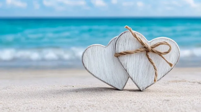 Dekorative Holzherzen am Sandstrand mit Meerblick