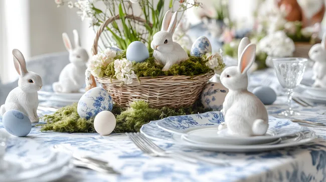 Dekorative Osterdekoration mit weißen Hasen und bemalten Eiern