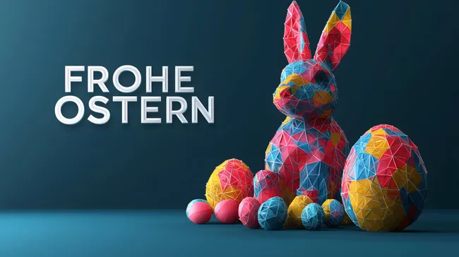 Dekorative Osterkomposition mit geometrischen Eiern und Hasen