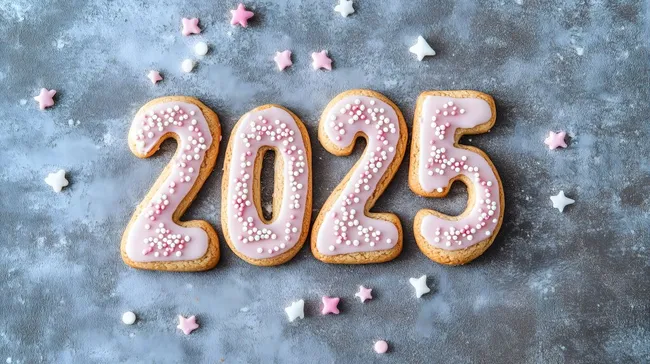 Dekorative Plätzchen mit Zuckerguss und Streuseln zum Jahreswechsel