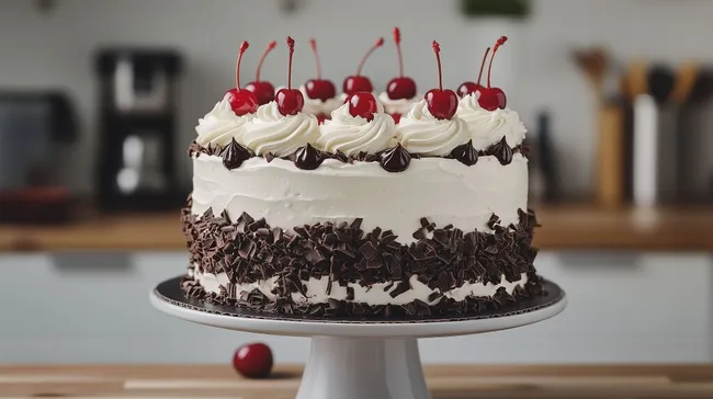 Dekorative Schwarzwälder Kirschtorte mit Creme und Kirschen