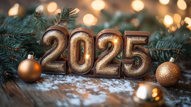 Dekorative Weihnachts-Aufnahme mit goldenem 2025-Schriftzug