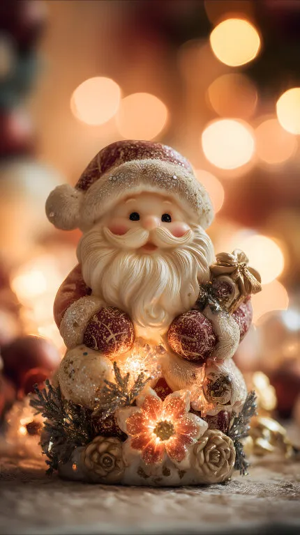 Dekorative Weihnachtsmann-Figur mit Lichtern und Bokeh-Effekt