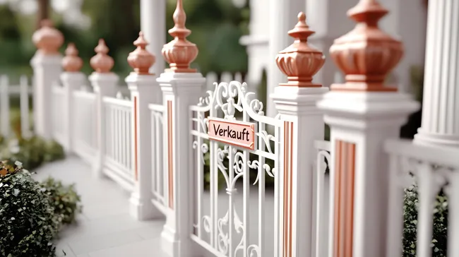 Dekorativer Gartenzaun mit 'Verkauft'-Schild
