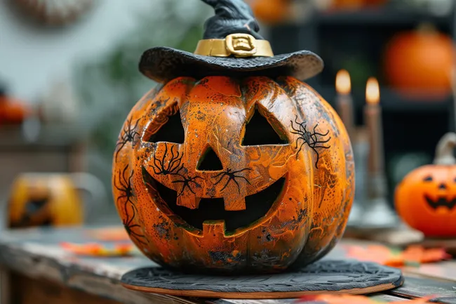 Dekorativer Halloweenkürbis mit Hut