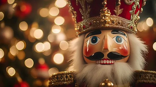 Dekorativer Nussknacker vor festlicher Weihnachtsbeleuchtung