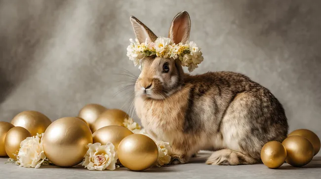 Dekorativer Osterhase mit Blütenkranz und goldenen Eiern