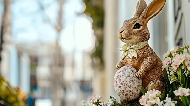 Dekorativer Osterhase mit Blumen und Osterei
