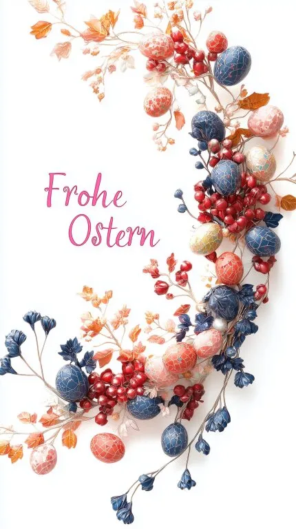 Dekorativer Osterkranz mit bunten Eiern und Frühlingsblüten