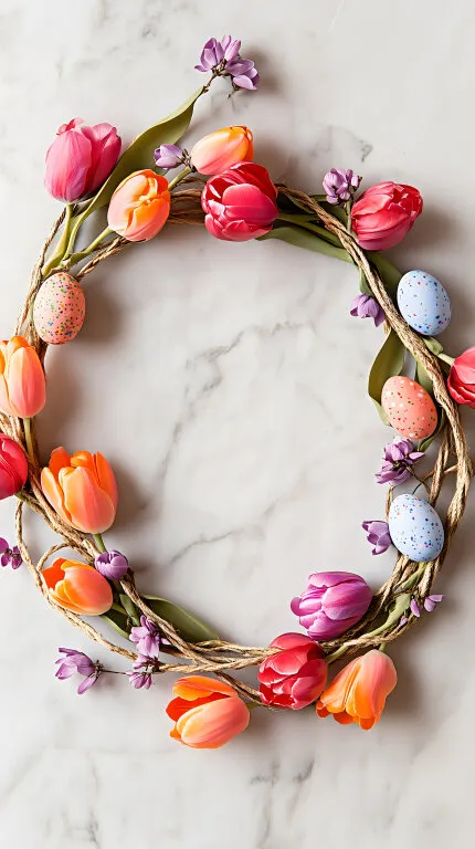 Dekorativer Osterkranz mit bunten Tulpen und Eiern