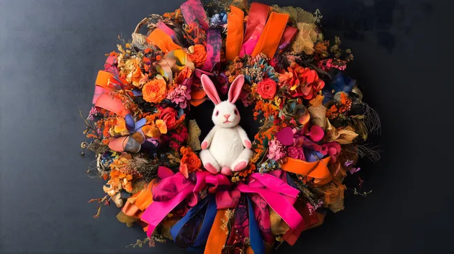 Dekorativer Osterkranz mit Hasen und bunten Blumen