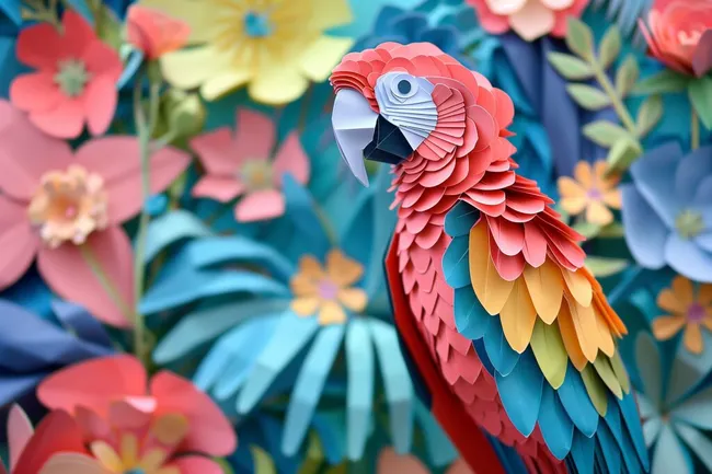 Dekorativer Papagei vor bunter Blütenpracht
